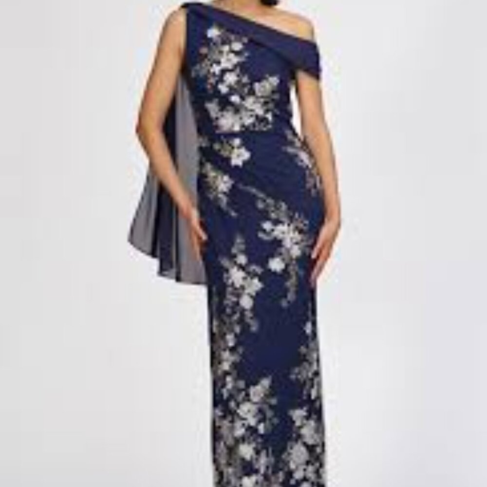 JS Collections Navy Blue Off-Shoulder Embroidered Evening Gown
